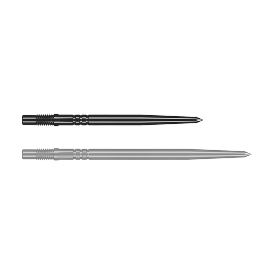 Shot Turbo Point Dart Tips - Black Das Bild zeigt eine schwarze Dartspitze in Detailaufnahme. Die Spitze ist schlank und stabil.