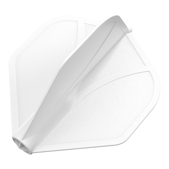 Das Bild zeigt eine weiße Dart-Flugfeder in Standardform. Die Oberfläche wirkt strukturiert und leicht glänzend.