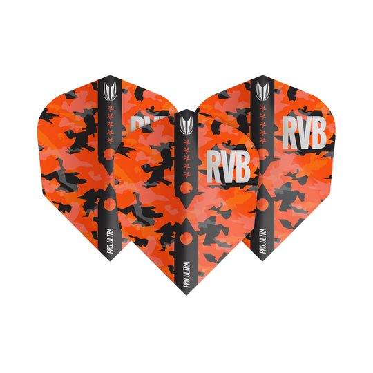 TG66_334410_Target_ProUltra_Barney_Army_Camo_Ten-X_Flights_1fammu0v4GVw5M Die Abbildung zeigt die Target ProUltra Barney Army Camo Ten-X Flights mit einem auffälligen orange-schwarzen Camouflage-Muster. Auf den Flights steht groß "RVB" und seitlich ist "PRO ULTRA" zu lesen.
