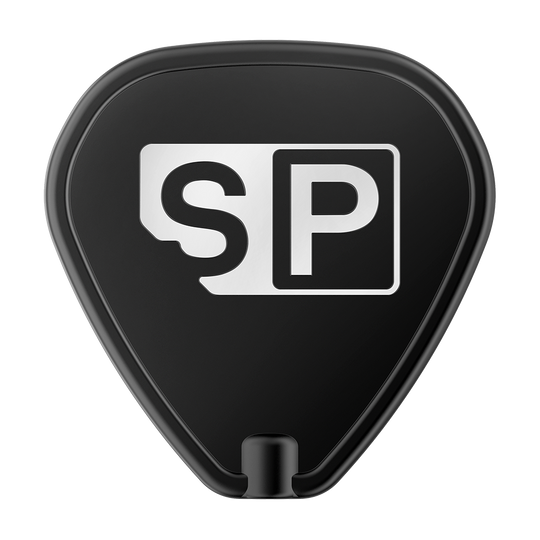 340000-Target-Swiss-Point-Tool-1 Das Bild zeigt das Produkt "Target Swiss Point Tool" in schwarzer Farbe mit einem weißen "SP"-Logo darauf. Das Tool hat eine dreieckige Form mit abgerundeten Kanten.