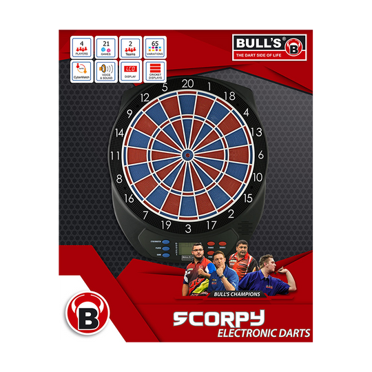 67963_Bulls_Scorpy_Elektronik_Dartboard_2 Das Bild zeigt das Produkt "Bulls Scorpy Elektronik Dartboard" in seiner Verpackung. Auf der Verpackung sind das Dartboard, verschiedene Funktionen und vier Dartspieler abgebildet.