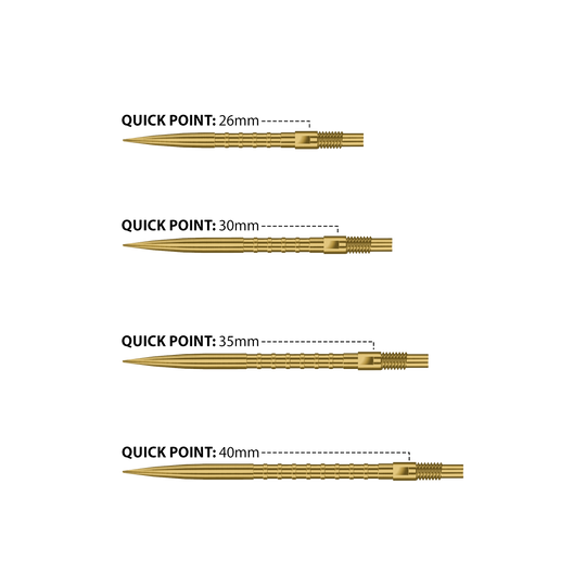 Abgebildet sind Harrows Quick Point Heavy Metal Dartspitzen in Gold. Sie zeichnen sich durch ihre goldene Farbe und hohe Qualität aus.