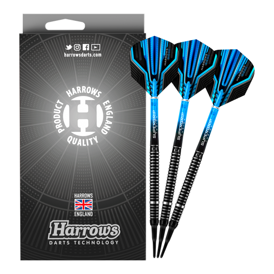 Harrows Siege Softdarts Das Bild zeigt eine Packung Harrows Siege Softdarts mit drei blauen und schwarzen Darts. Auf der Verpackung steht "Harrows Darts Technology" und ein Qualitätssiegel aus England.