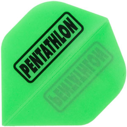 p15 Das Bild zeigt ein grünes Dart-Flight mit der Aufschrift "PENTATHLON". Das Produkt heißt "Pentathlon Flights P15".