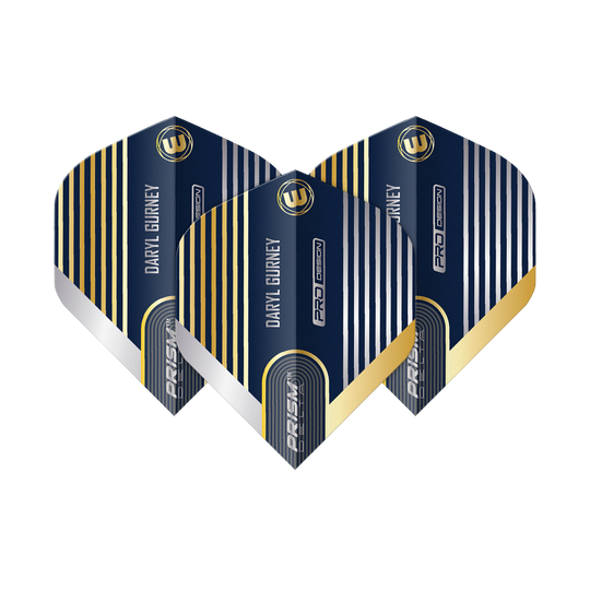 Winmau Prism Delta Daryl Gurney No2 Standard Flights Das Bild zeigt drei Winmau Prism Delta Daryl Gurney No2 Standard Flights. Die Flights sind dunkelblau mit goldenen und silbernen Streifen gestaltet und tragen den Namen "Daryl Gurney".