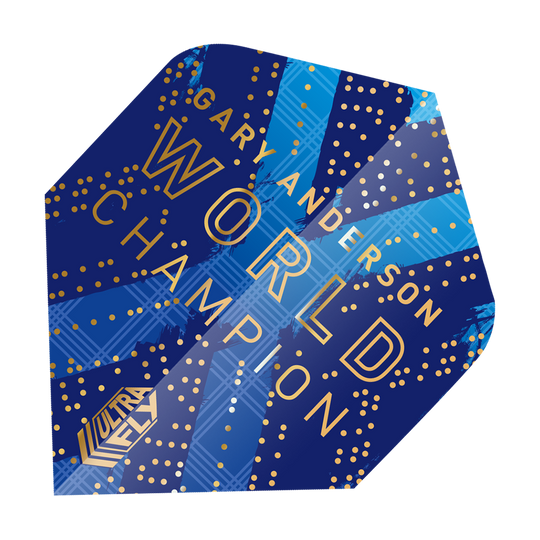 69451_Unicorn_World_Champion_Gary_Anderson_Phase_6_Plus_Flights_2 Das Bild zeigt einen blauen Dartflug mit goldenen Punkten und der Aufschrift "Gary Anderson World Champion". In der Ecke ist auch das Logo "Ultra Fly" zu sehen.