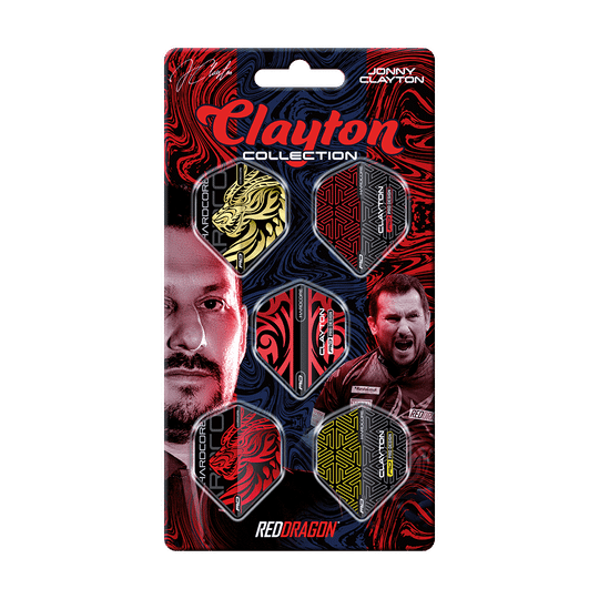 X0800_Red_Dragon_Jonny_Clayton_Flight_Collection_1 Das Bild zeigt die "Red Dragon Jonny Clayton Flight Collection" mit fünf verschiedenen Dart-Flights. Auf der Verpackung sind auch zwei Fotos von Jonny Clayton abgebildet.