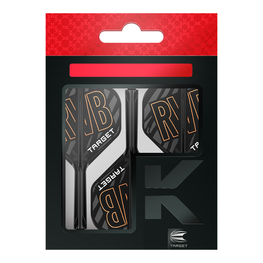 Target K-Flex Raymond Van Barneveld No2 Standard Flight Shaft System Auf dem Bild ist eine Verpackung mit Dartflights und -schäften der Marke Target zu sehen. Die Flights tragen die Buchstaben "RVB" und sind schwarz-weiß mit orangener Schrift gestaltet.
