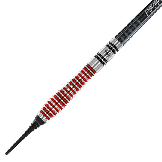 2452_Winmau_Dennis_Priestley_Special_Edition_Softdarts_2 Der Winmau Dennis Priestley Special Edition Softdart wiegt 22 Gramm. Er hat einen silbernen Barrel mit roten und schwarzen Rillen.