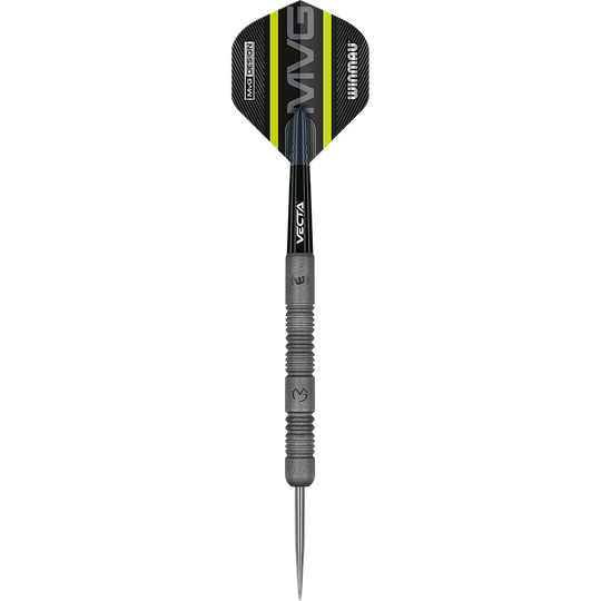 1468_Winmau_Michael_Van_Gerwen_Exact_Steeldarts_12rqCCLPjfpflh Das Bild zeigt einen Winmau Michael Van Gerwen Exact Steeldart. Der Dartpfeil hat ein schwarzes und grünes Design mit dem Schriftzug "MVG" auf dem Flight.