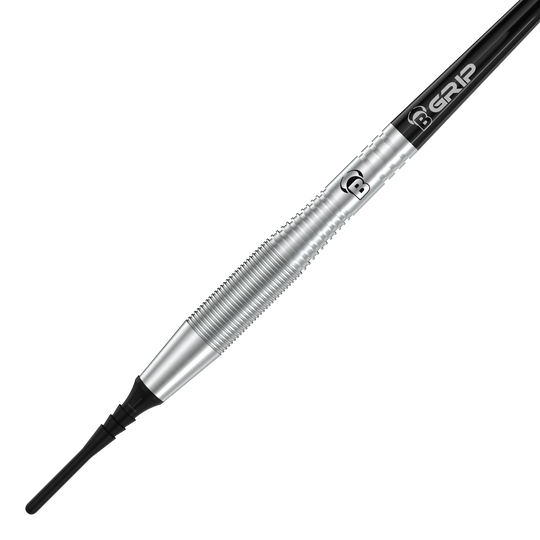 Bulls Martin Schindler TW80 soft darts - 18g Auf dem Bild ist ein Bulls Martin Schindler TW80 Softdart mit einem Gewicht von 18g zu sehen. Der Dart hat ein silbernes, geriffeltes Griffstück und eine schwarze Spitze.
