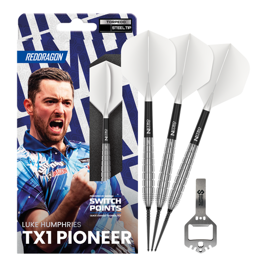 Red Dragon Luke Humphries TX1 Pioneer Switch Point Steel Darts Dieses Bild zeigt die Red Dragon Luke Humphries TX1 Pioneer Switch Point Steeldarts in voller Ansicht. Die Darts sind für Präzision und hohe Leistung bekannt.