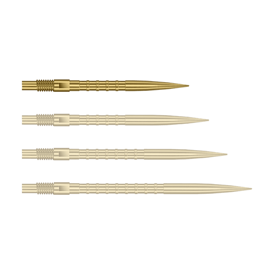 Das Bild zeigt Dartspitzen mit starkem Metallgriff in goldener Farbe und 26mm Länge. Das Produkt ist Harrows Quick Point Heavy Metal Grip Dartspitzen Gold 26mm.