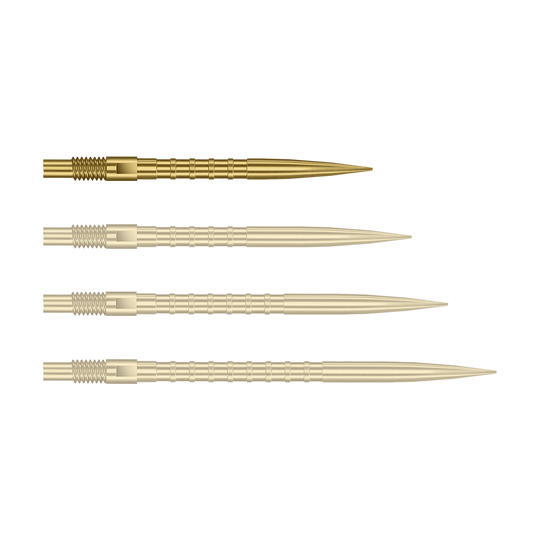 Harrows Quick Point Heavy Metal Dart Tips - Gold Das Bild zeigt Dartspitzen mit starkem Metallgriff in goldener Farbe und 26mm Länge. Das Produkt ist Harrows Quick Point Heavy Metal Grip Dartspitzen Gold 26mm.
