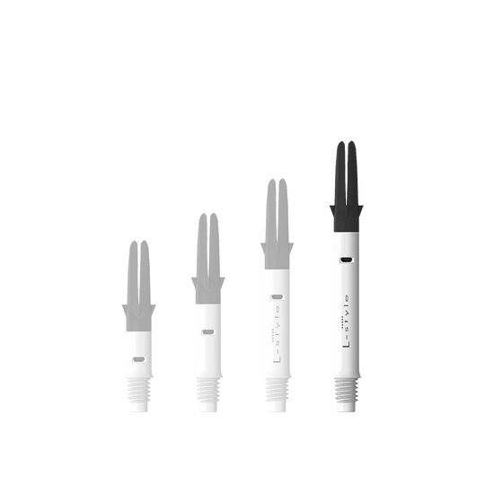 L-L-Style-Shaft Carbon Silent Straight - White Das Bild zeigt den L-Style L-Shaft Carbon Silent Straight in Weiß, Modell 330. Der Artikel ist ein stabiler Schaft für Dartpfeile.