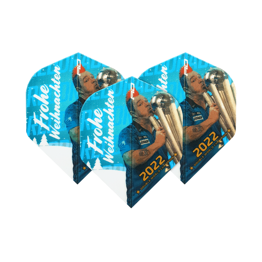 WF-6_Red_Dragon_Merry_Christmas_Flights_Snakebite_2022_14UdTY8GD4J8KM Das Bild zeigt vier Dart-Flights mit einem Weihnachtsmotiv und der Aufschrift "Frohe Weihnachten". Auf den Flights ist außerdem ein Dartspieler mit einer Trophäe und der Jahreszahl 2022 abgebildet.