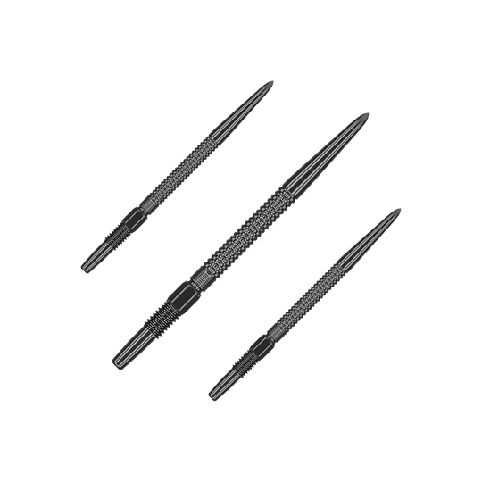Target Swiss Point Nano Dartspitzen - Black Das Bild zeigt drei schwarze Dartspitzen des Produkts "Target Swiss Point GRD Black Dartspitzen". Die Spitzen haben eine strukturierte Oberfläche für besseren Halt.
