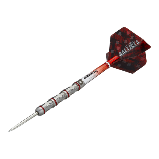 Das Bild zeigt einen Unicorn Ballista Style 4 Steeldart. Der Dartpfeil hat eine rot-silberne Farbgebung und ein markantes Flight-Design.