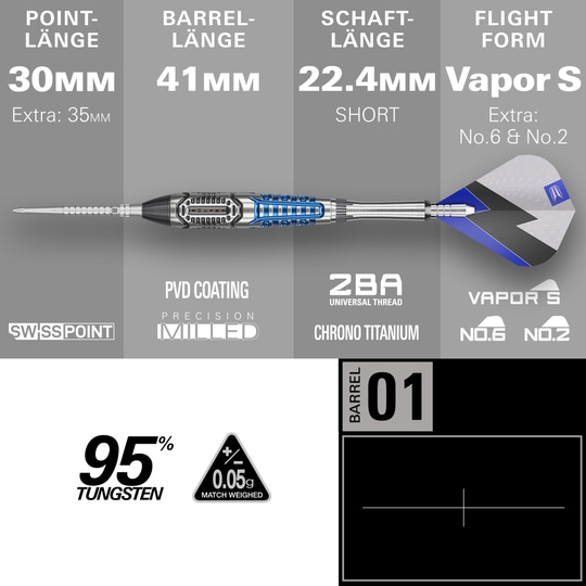 Target Phil Taylor Power X Chrono Swiss Points steel darts Hier sieht man die Target Phil Taylor Power X Chrono Swiss Points Steeldarts. Die Darts sind in einem eleganten Design gehalten.