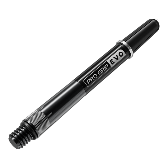 Target Pro Grip EVO Raymond Van Barneveld Chrono Titanium Shafts Das Bild zeigt einen schwarzen Pro Grip Evo Dart-Schaft aus Titan. Auf dem Schaft steht "PRO GRIP EVO" in weißen Buchstaben.
