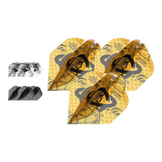 Target Ink Bundle 3 Sets Gabriel ClemensNo2 Standard Flights Das Bild zeigt drei Sets von Gabriel Clemens No2 Standard Flights aus der Target Ink Bundle Kollektion. Die Flights haben unterschiedliche Designs in Gelb, Schwarz und Weiß.