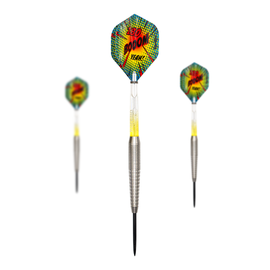 Abgebildet wird das Set Karella Comic Line CL-5 Steeldarts - 21g. Das Set beinhaltet mehrere Steeldarts mit Comic-Motiv.