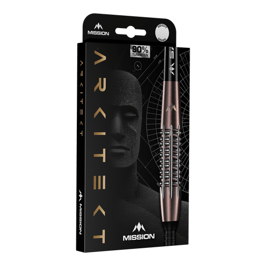Abgebildet ist Mission Arkitekt Bronze Silika PVD Steeldarts - 23,5g. Die Darts besitzen ein glänzendes bronzenes Finish.