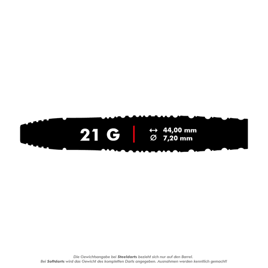 Das Bild zeigt einen Dartpfeil mit der Aufschrift "21 G". Die Länge beträgt 44,00 mm und der Durchmesser 7,20 mm.