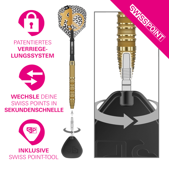 Auf dem Bild erkennt man die Target Bolide Envy 01 Swiss Point Steeldarts. Die Steeldarts bieten eine ausgezeichnete Balance für präzises Spielen.