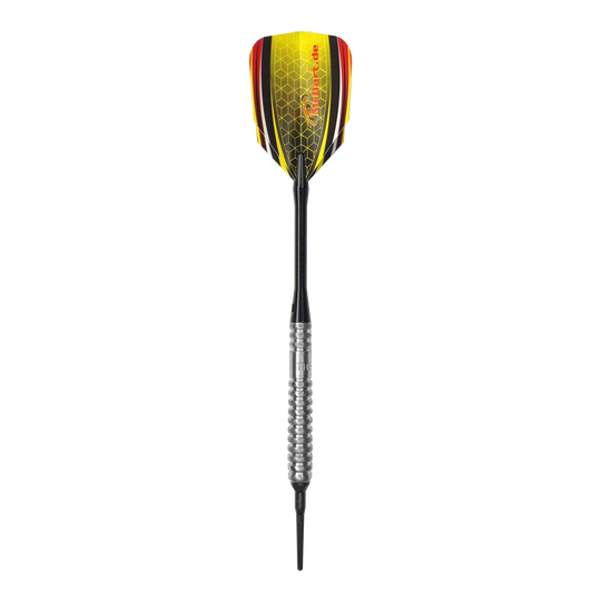 McDart 85 Tungsten V20 Soft Darts - 17g Dies ist ein Softdart namens "McDart 85er Tungsten V20" mit einem Gewicht von 17g. Der Dart hat einen silbernen Griff und gelb-schwarze Flights mit roten Akzenten.