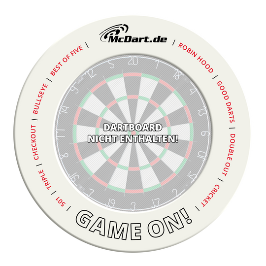 McDart Game On Dartboard Surround Ein weiteres weißes Dartboard-Surround ist abgebildet. Es schützt die Umgebung des Dartboards vor Treffern.