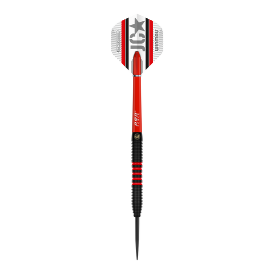 Das Bild zeigt einen Winmau Joe Cullen 85 Pro-Series Steeldart. Der Dart ist überwiegend schwarz und rot mit weißen Elementen und einem auffälligen Flights-Design.