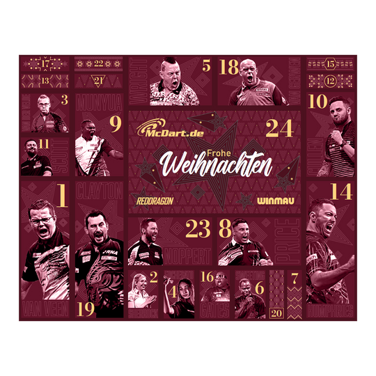 McDart Premium Advent Calendar 2026 for steel dart players Das Bild zeigt den McDart Premium Adventskalender 2026 für Steeldart-Spieler. Die hochwertige Verpackung richtet sich an passionierte Dart-Spieler.