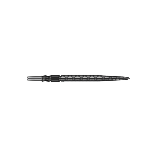 Target Swiss Diamond Pro Black Points dart tips Das Bild zeigt eine schwarze Dartspitze mit einem rautenförmigen Muster. Sie ist schlank und hat ein Schraubgewinde am hinteren Ende.