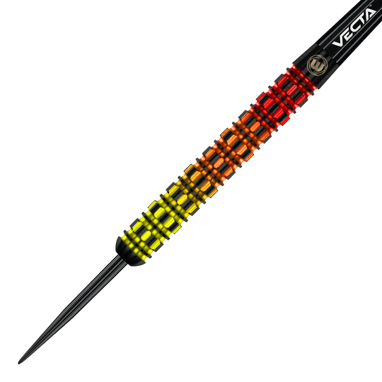 Winmau Firestorm Flame Parallel Steeldarts Das Bild zeigt den Winmau Firestorm Flame Parallel Steeldart. Der Dart hat einen auffälligen Farbverlauf von Gelb über Orange zu Rot und ein markantes Rillendesign am Barrel.