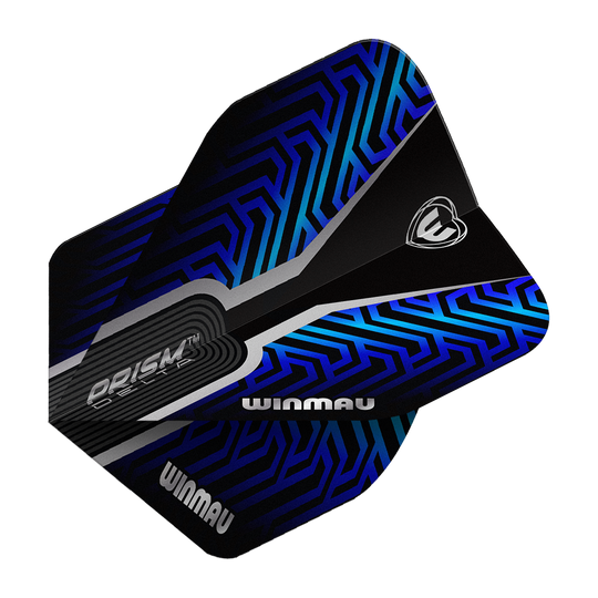 Winmau Prism Delta Blue No2 Standard Flights Das Bild zeigt die Winmau Prism Delta Blue No2 Standard Flights. Die Flights haben ein modernes Design in Schwarz und Blau.