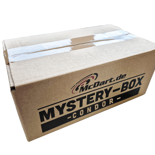 Auf dem Bild ist ein brauner Karton mit der Aufschrift "McDart.de Mystery-Box Condor" zu sehen. Der Karton ist mit Klebeband versiegelt.