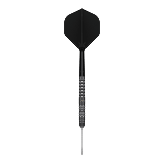 Die Target Japan Black Marque Creed Swiss Point Steeldarts - 23g werden auf dem Bild gezeigt. Diese schwarzen Darts wirken hochwertig und professionell.