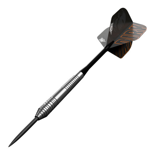 Bulls NL Dirk Van Duijvenbode 80 steel darts Dies ist ein Steeldart aus der Serie "Bulls NL Dirk Van Duijvenbode 80". Der Dart hat ein silbernes, geriffeltes Barrel und schwarze Flights mit orangefarbener Aufschrift.