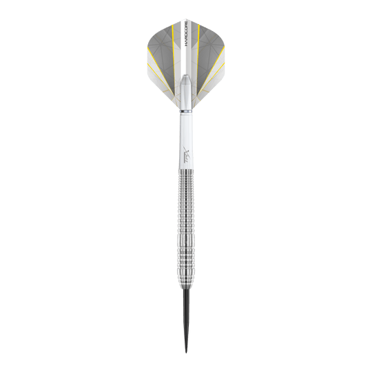 Red Dragon Seren 2 Pure Steeldarts Das Bild zeigt einen Red Dragon Seren 2 Pure Steeldart mit silbernem Schaft und Spitze. Die Flights sind weiß mit grauen und gelben Akzenten gestaltet.