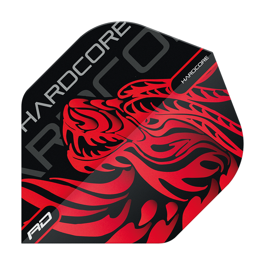 TF6537_Red_Dragon_Hardcore_Jonny_Clayton_Dragon_Standard_Flights_1TVLrIWaEd2U23 Das Bild zeigt ein Dartflight mit einem rot-schwarzen Drachen-Design. Auf dem Flight steht das Wort "HARDCORE" in großen Buchstaben.