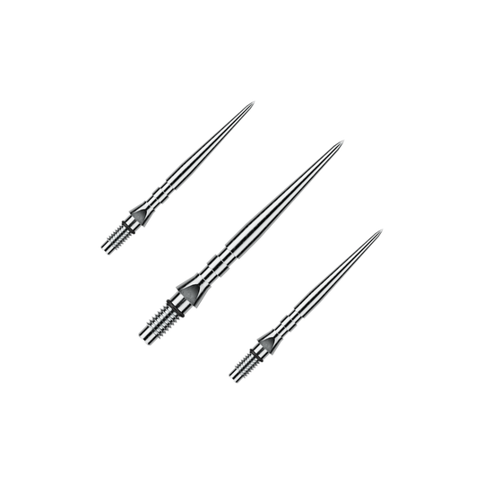 Winmau Switch Point Groove steel dart tips - Silver Effect Auf dem Bild ist ein Set von silbernen Steeldartspitzen mit Rillen zu sehen, wahrscheinlich 'Switch Point Groove Silver Effect' und 26mm lang. Das Set ist für den Einsatz bei Steeldarts gedacht.