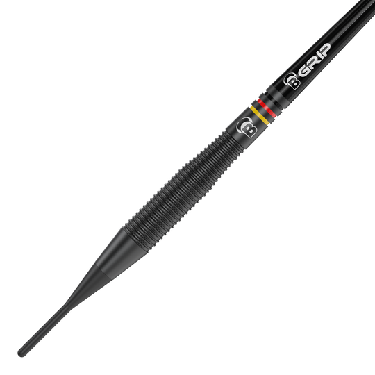 Bulls Martin Schindler The Wall Black Brass Softdarts - 18g Das Bild zeigt einen schwarzen Softdart mit auffälligen Rillen für besseren Halt. Auf dem Dart sind außerdem farbige Ringe und die Aufschrift "B GRIP" zu sehen.