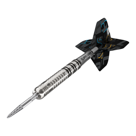 Target Chris Dobey GEN1 Swiss Point steel darts Das Bild zeigt den Target Chris Dobey GEN1 Swiss Point Steeldart. Der Dartpfeil hat ein silbernes, geriffeltes Barrel und schwarze Flights mit bunten Akzenten.