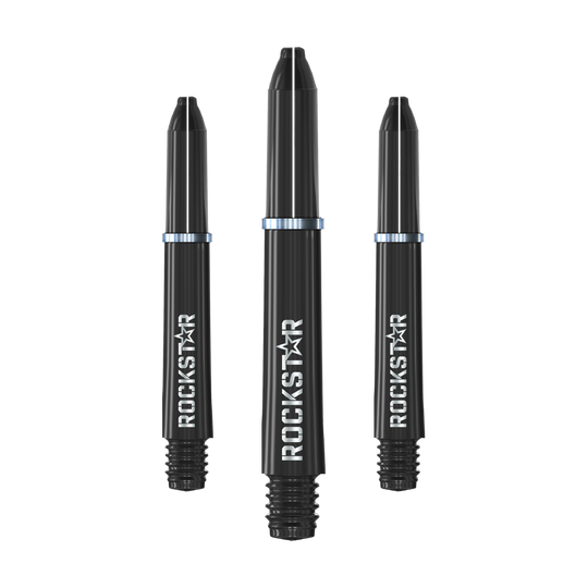 Winmau Joe Cullen Rockstar Nylon Shafts Black Das Bild zeigt drei schwarze Dartschäfte mit der Aufschrift "ROCKSTAR". Sie sind jeweils mit einem silbernen Metallring versehen.