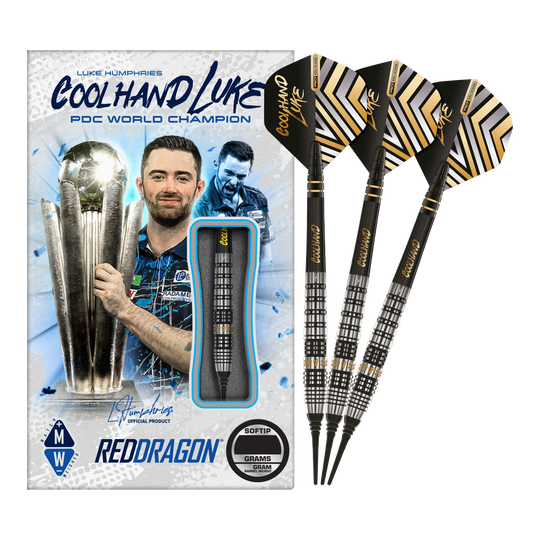 Auf dem Bild sind die Red Dragon Luke Humphries Prestige Softdarts mit 20g Gewicht zu sehen. Die Verpackung zeigt ein Bild von Luke Humphries und die Darts sind schwarz mit silbernen und goldenen Details.