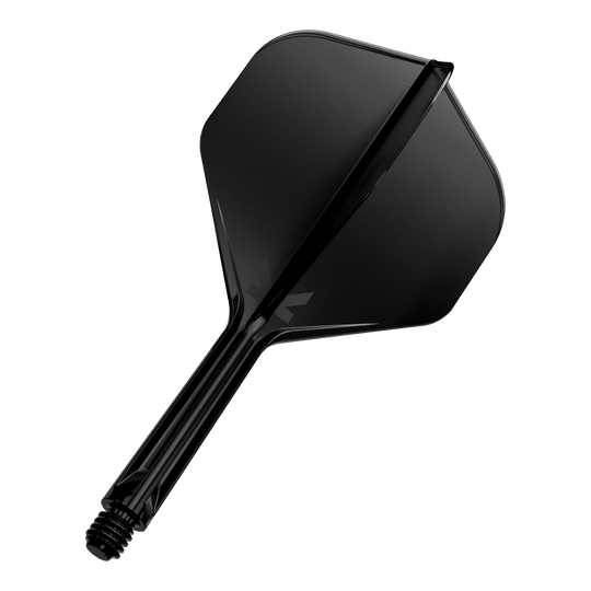 Dies ist ein schwarzer Dartflight mit Schaft. Er hat eine glatte Oberfläche und eine klassische, standardisierte Form.