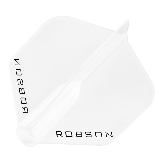 Robson Plus Flights - Standard Das Bild zeigt einen klaren Dart-Flügel mit der Aufschrift "ROBSON". Der Flügel hat eine standardmäßige, sechseckige Form.