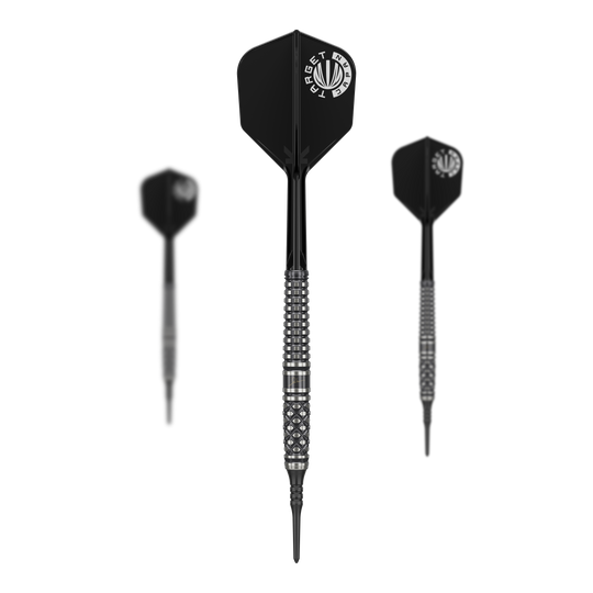Target Japan Paul Lim The Legend GEN8 Soft Darts - 19g Das Bild zeigt drei schwarze Softdarts des Modells "Target Japan Paul Lim The Legend GEN8 - 19g". Die Darts haben silberne Griffringe und schwarze Flights mit weißem Logo.
