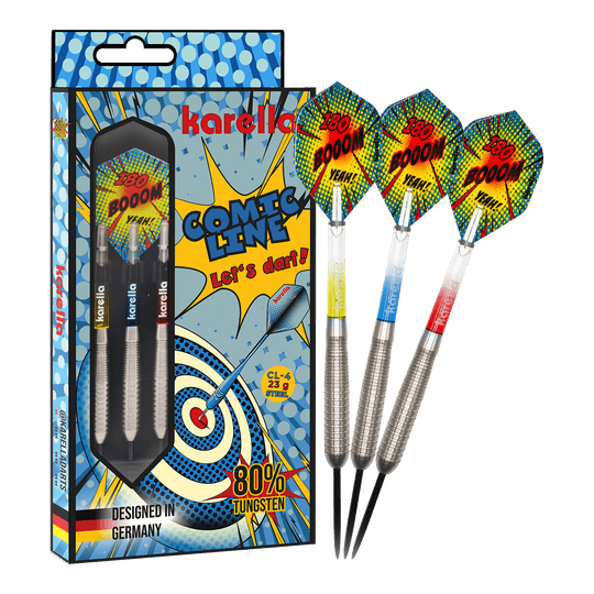 Das Bild präsentiert die Karella Comic Line CL-4 Steeldarts mit einem Gewicht von 23g. Diese Darts sind robust und für ambitionierte Spieler konzipiert.